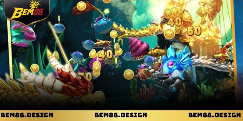 Giao diện game bắn cá với hiệu ứng sinh động và ánh sáng rực rỡ
